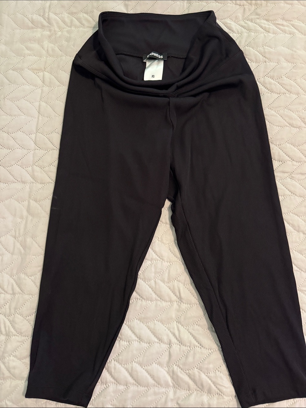 Express Black Ribbed Fold-Over Waist Leggings XS